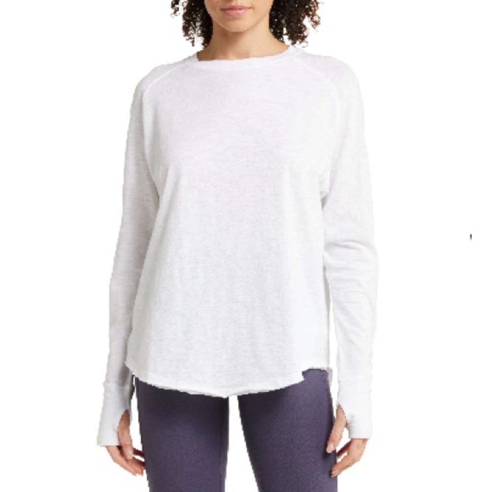 Zella Relaxed Washed White Long Sleeve Crew Neck Slub T-shirt Cotton Size Small